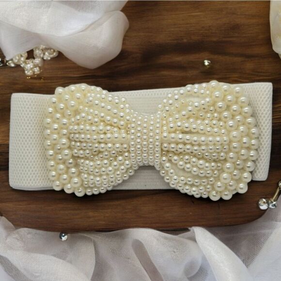 Ivory Pearl Bow Wide Elastic Belt Statement Bowknot Winter White Bridal Pinup - Picture 1 of 9